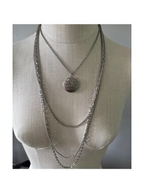 Vintage 70s Silver Tone Multi-Strand Locket Statement Necklace Mid Century